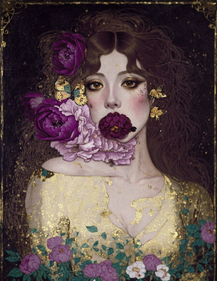 Illustration of a woman with curly hair and peonies