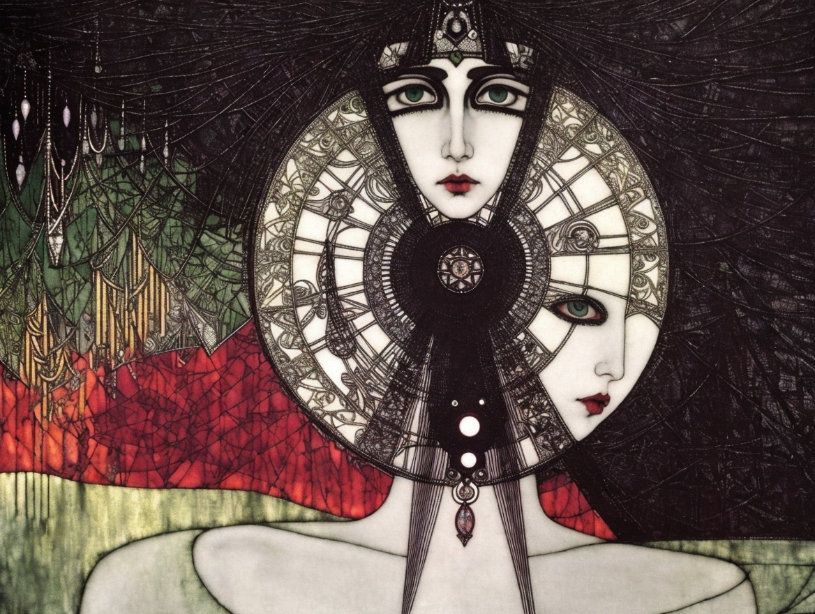 Intricate Artwork of Intertwined Female Faces in Circle