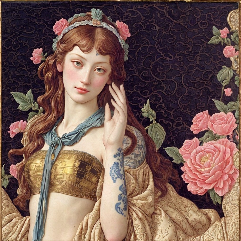 Woman with Flower Crown and Tattoo in Golden Attire on Floral Background