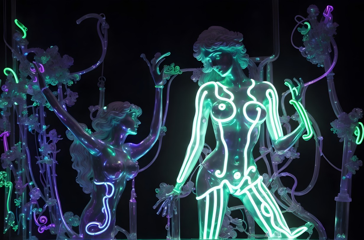 Neon-Lit Figures in a Surreal Luminescent Setting
