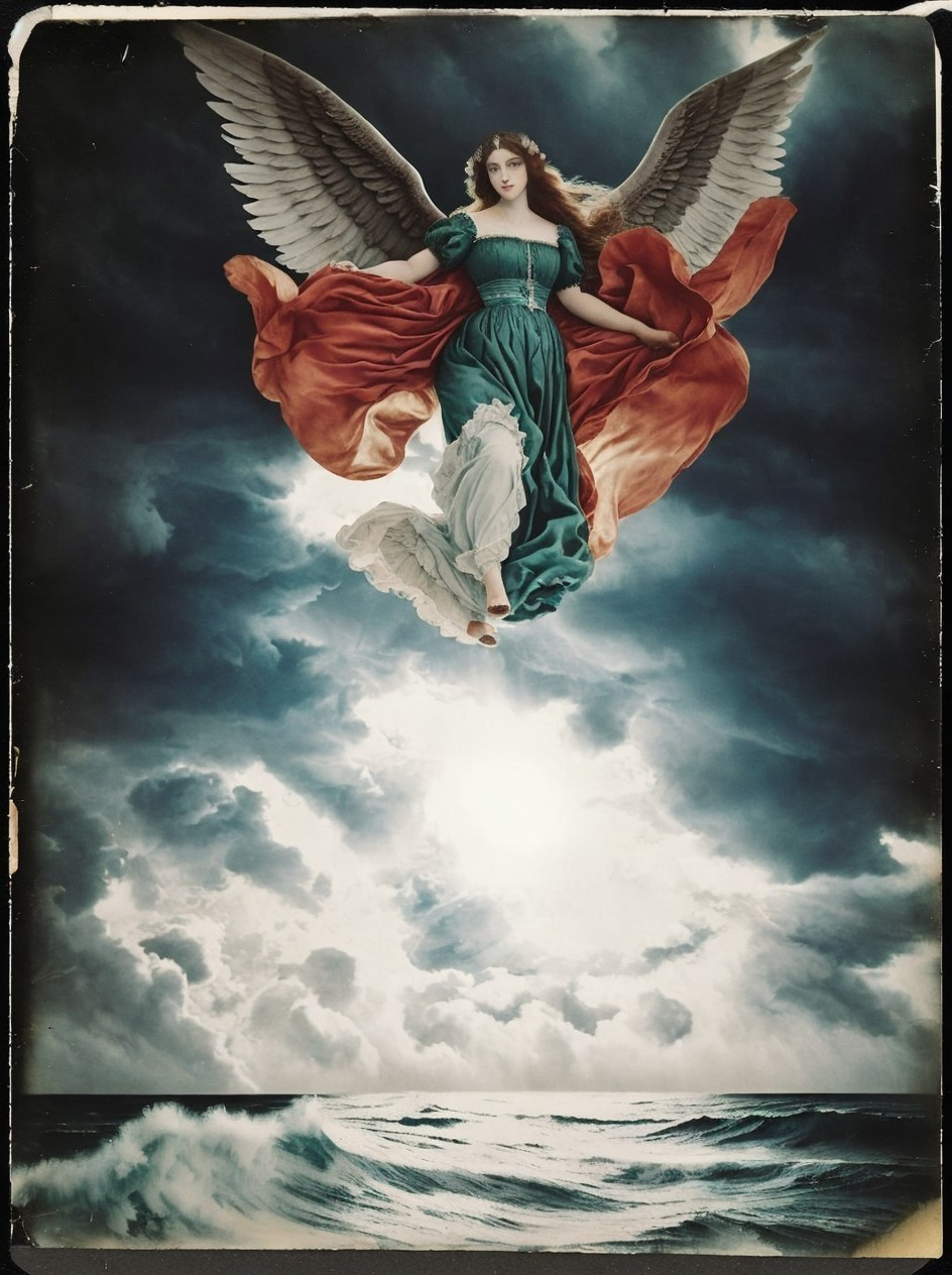 Majestic Angel Over Stormy Sea with Dramatic Skies