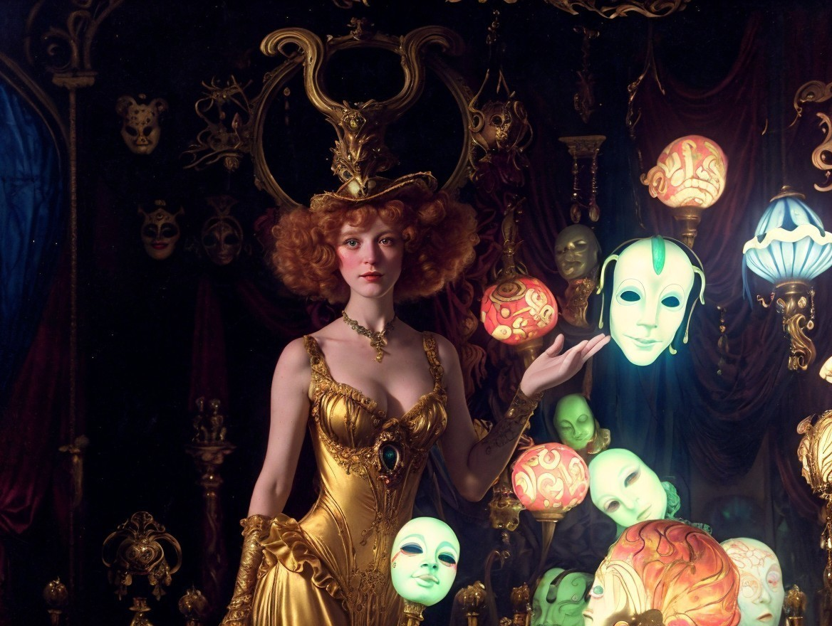 Woman in Golden Costume with Theatrical Masks