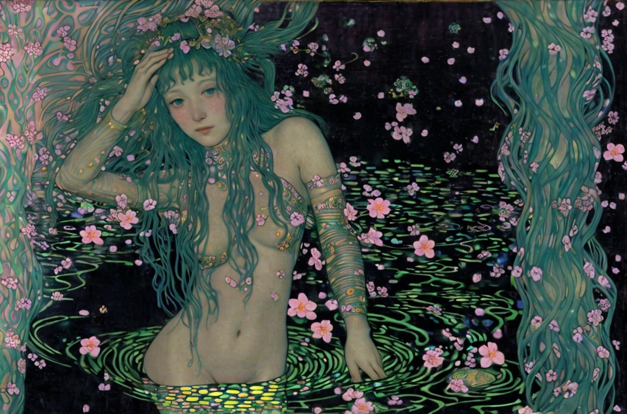 Green-haired woman submerged in water surrounded by flowers and light patterns