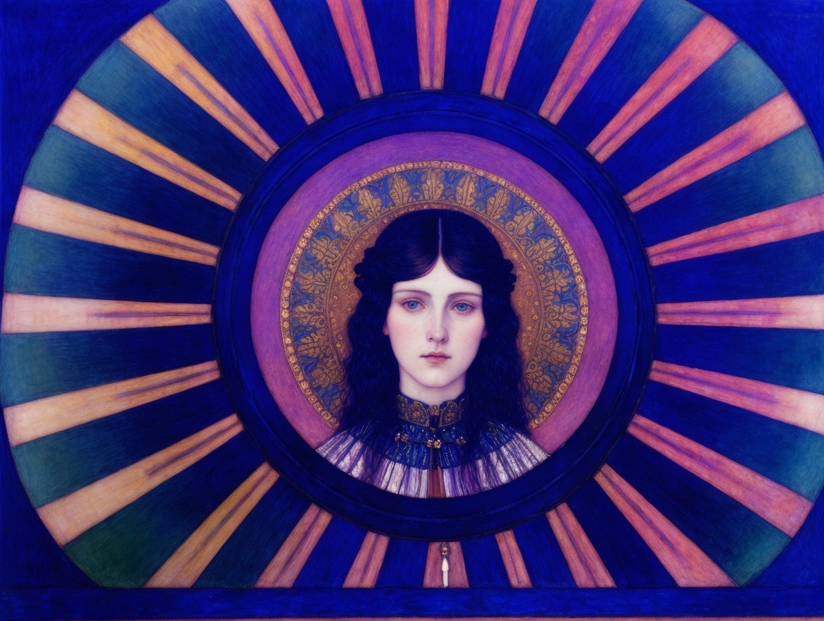 Young Woman Surrounded by Purple and Gold Rays