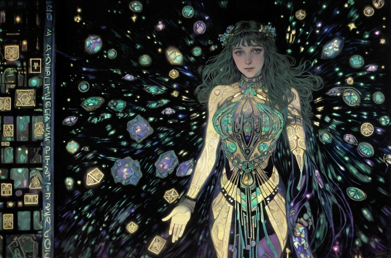 Ethereal woman in jeweled dress with glowing gemstones