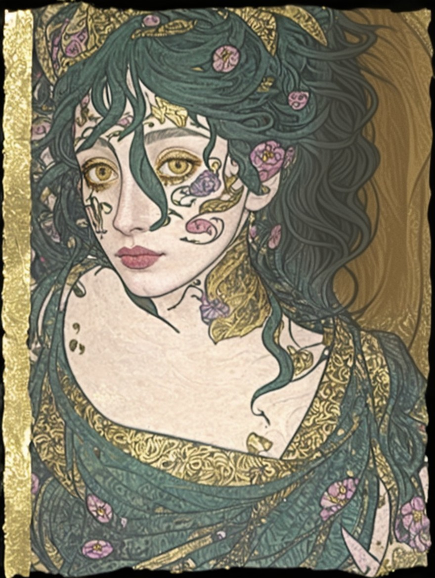 Young woman with green hair and floral motifs