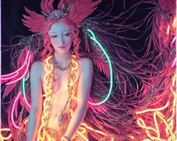 Woman with Feathers and Neon Chains in Dark Setting