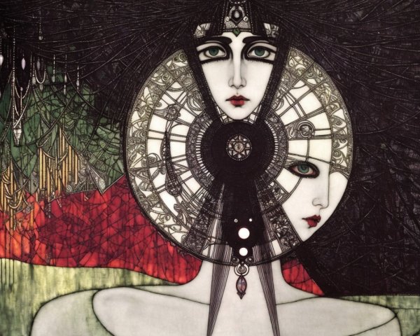 Intricate Artwork of Intertwined Female Faces in Circle