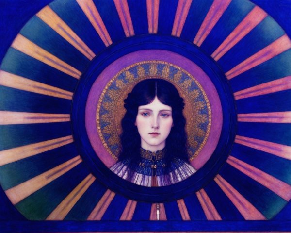 Young Woman Surrounded by Purple and Gold Rays