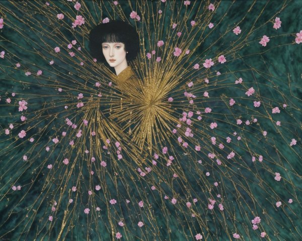 Young Woman Surrounded by Blossoms and Golden Rays