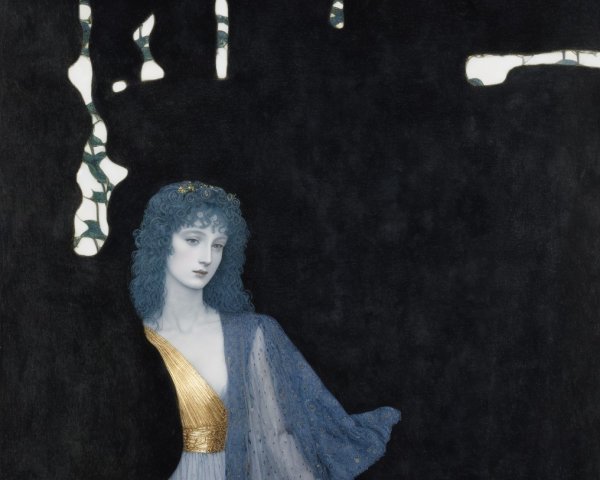 Serene Figure in Flowing Gown Against Dark Background