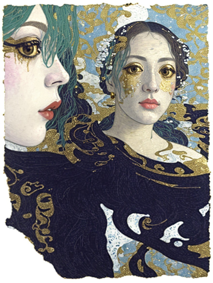 Intricate Artwork of Two Female Figures with Flowing Hair