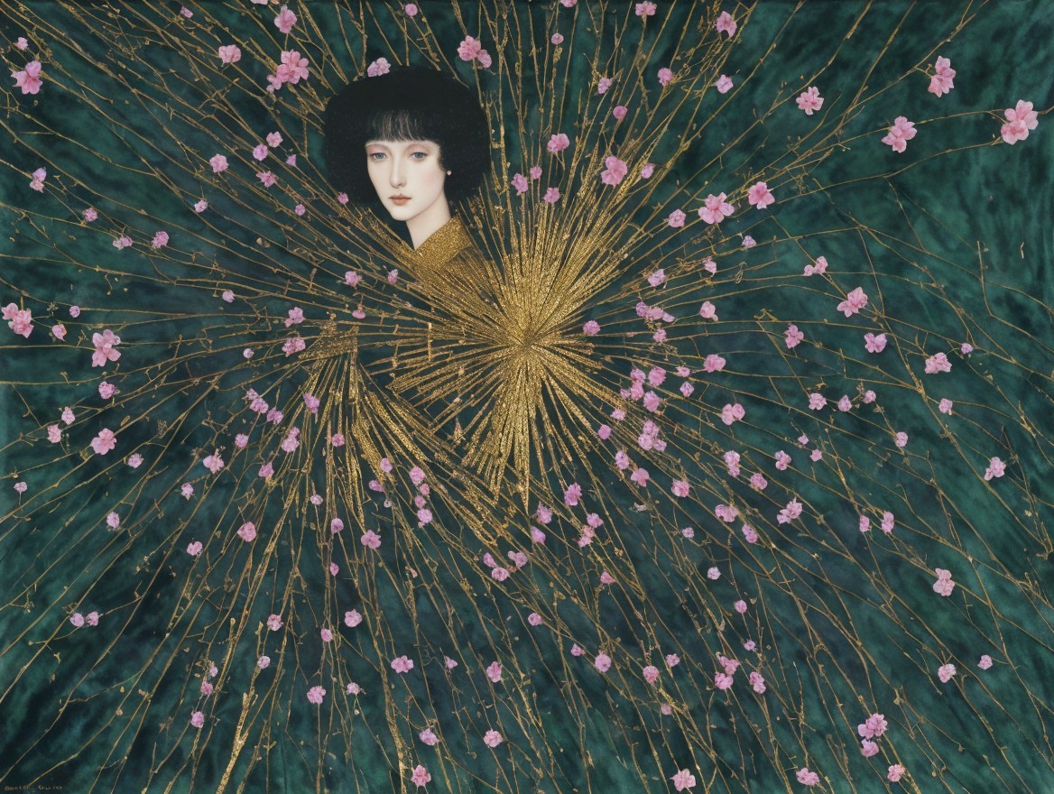 Young Woman Surrounded by Blossoms and Golden Rays