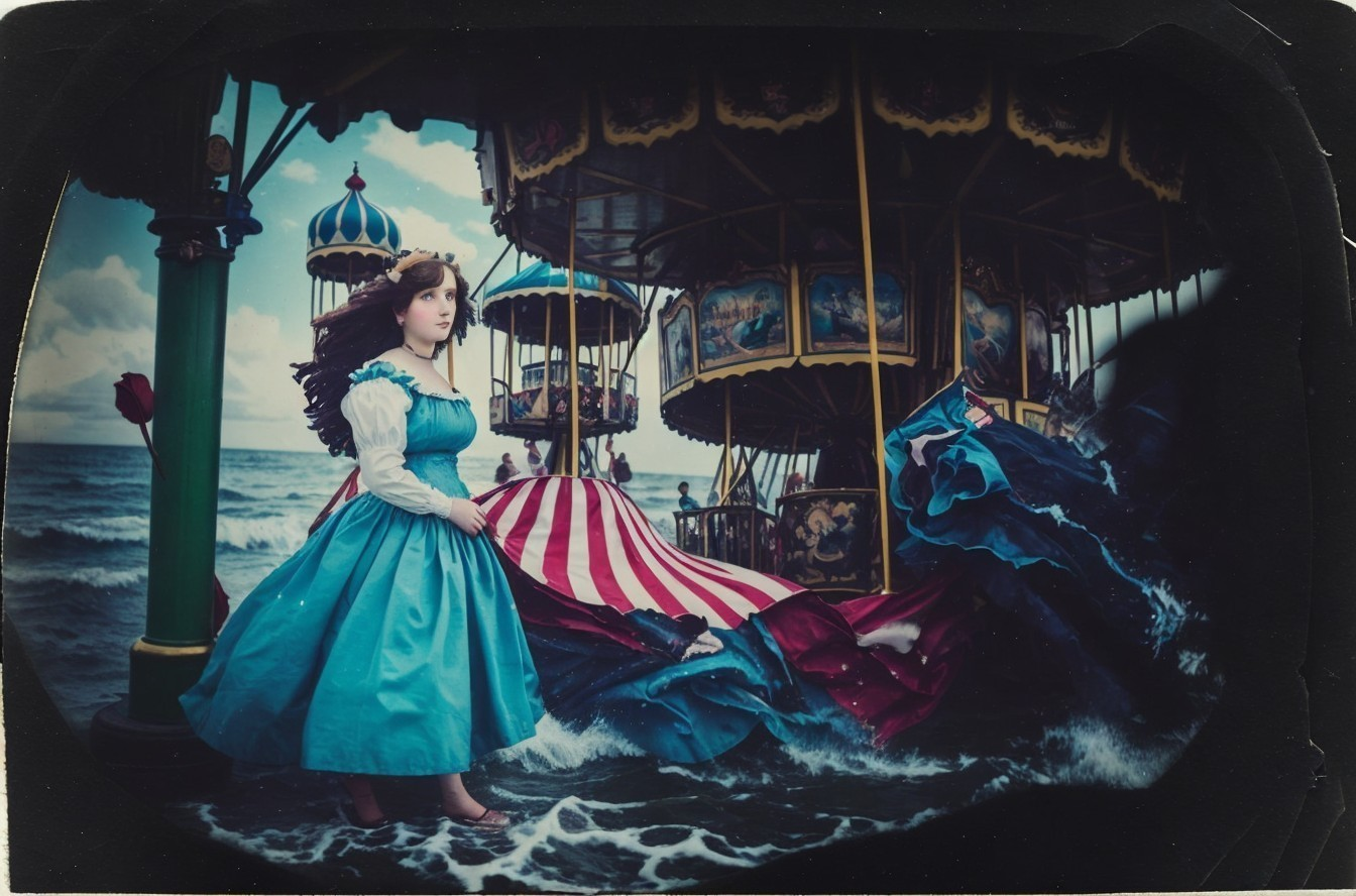 Girl in Blue Dress by the Sea with Carousel