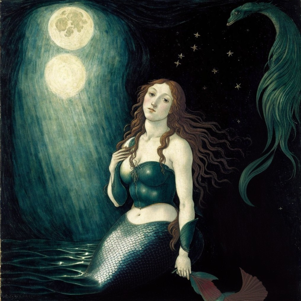 Mermaid with Red Hair in Starry Waterscape