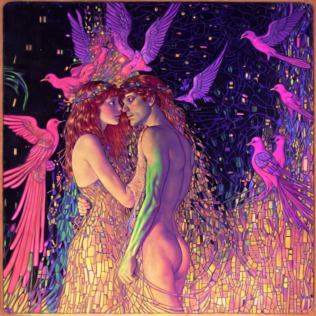 Embraced mythical figures surrounded by vibrant birds and intricate patterns