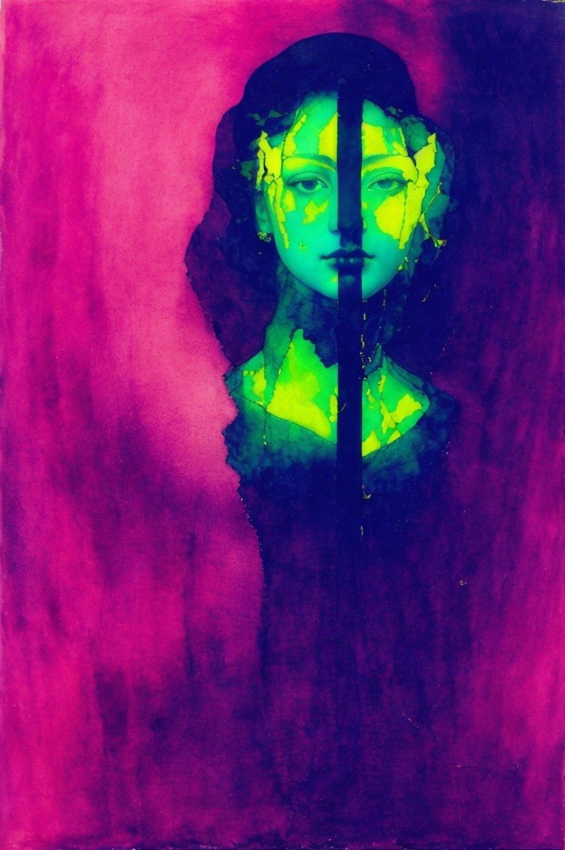 Vibrant Abstract Portrait of a Woman in Purple and Green