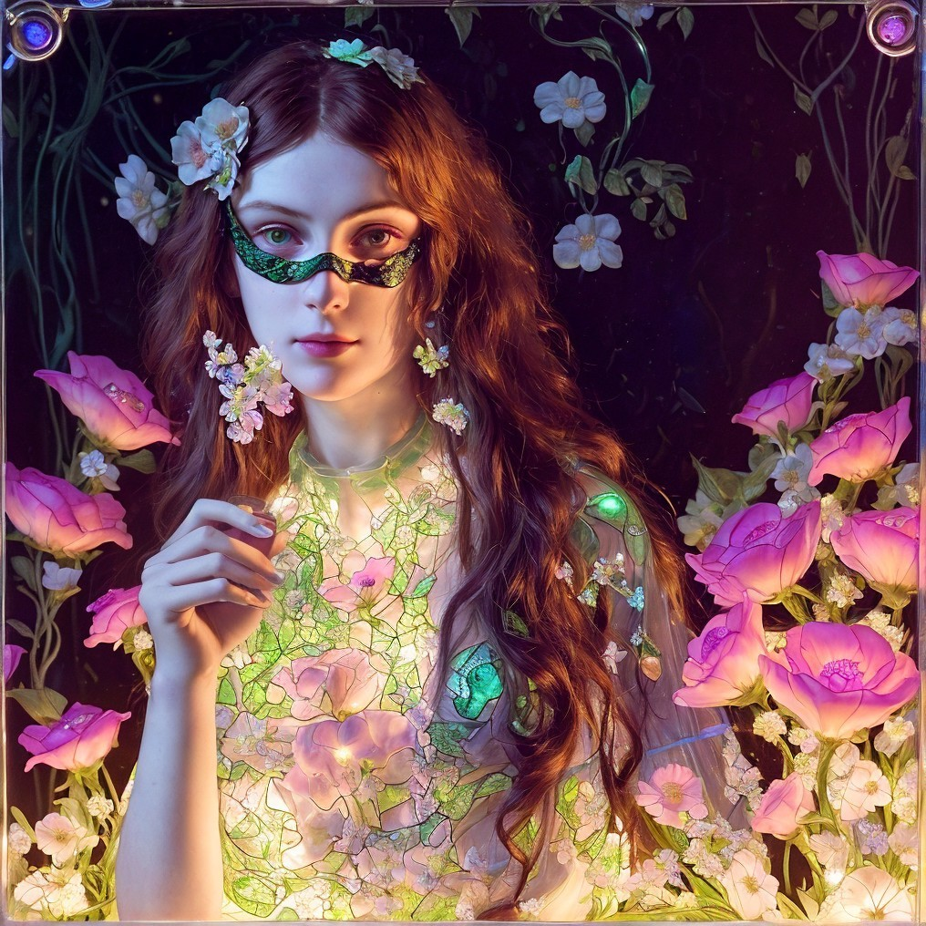 Young Woman in Floral Mask and Ethereal Gown