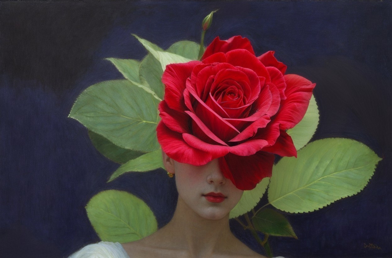 Woman with Red Rose Covering Eyes and Green Leaves