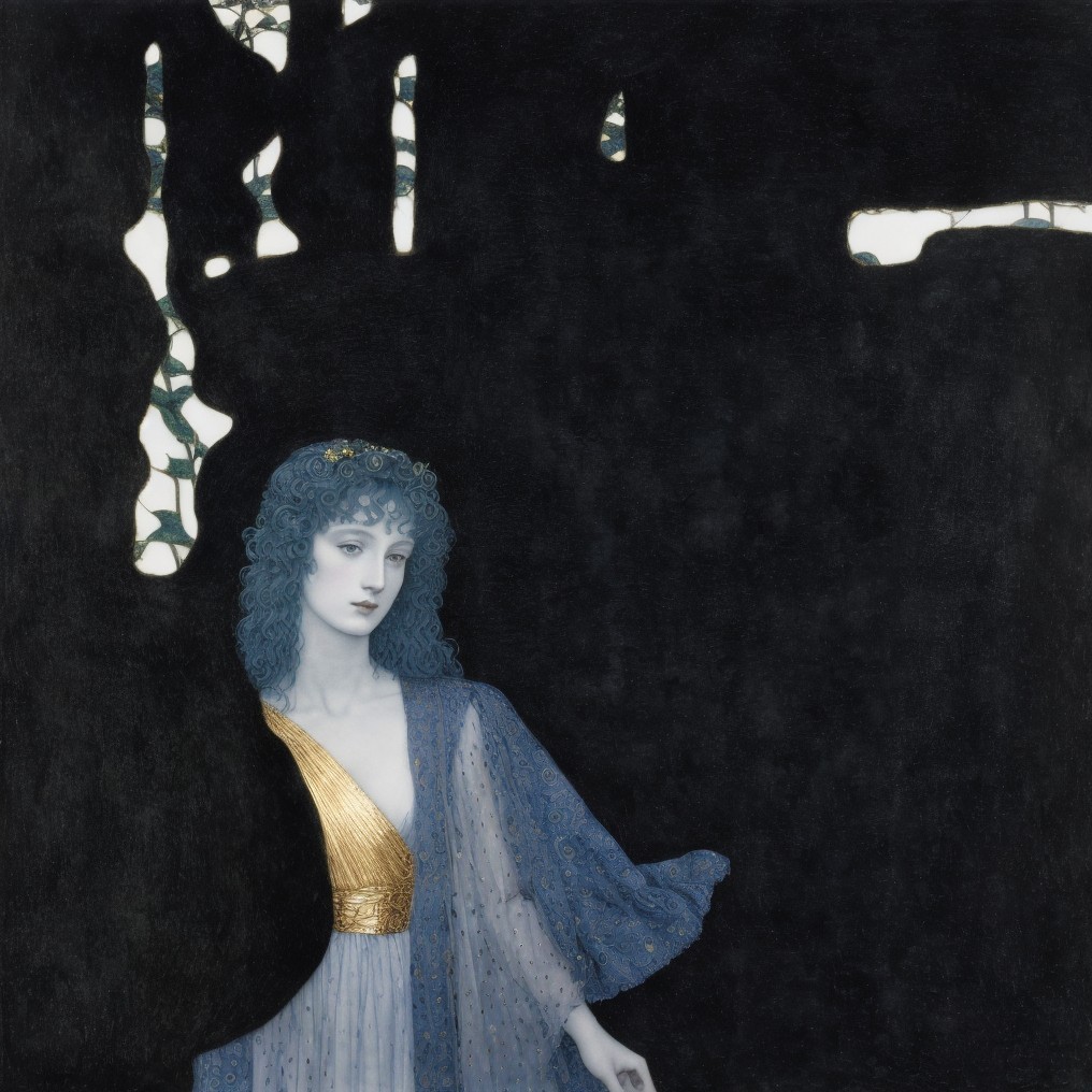 Serene Figure in Flowing Gown Against Dark Background