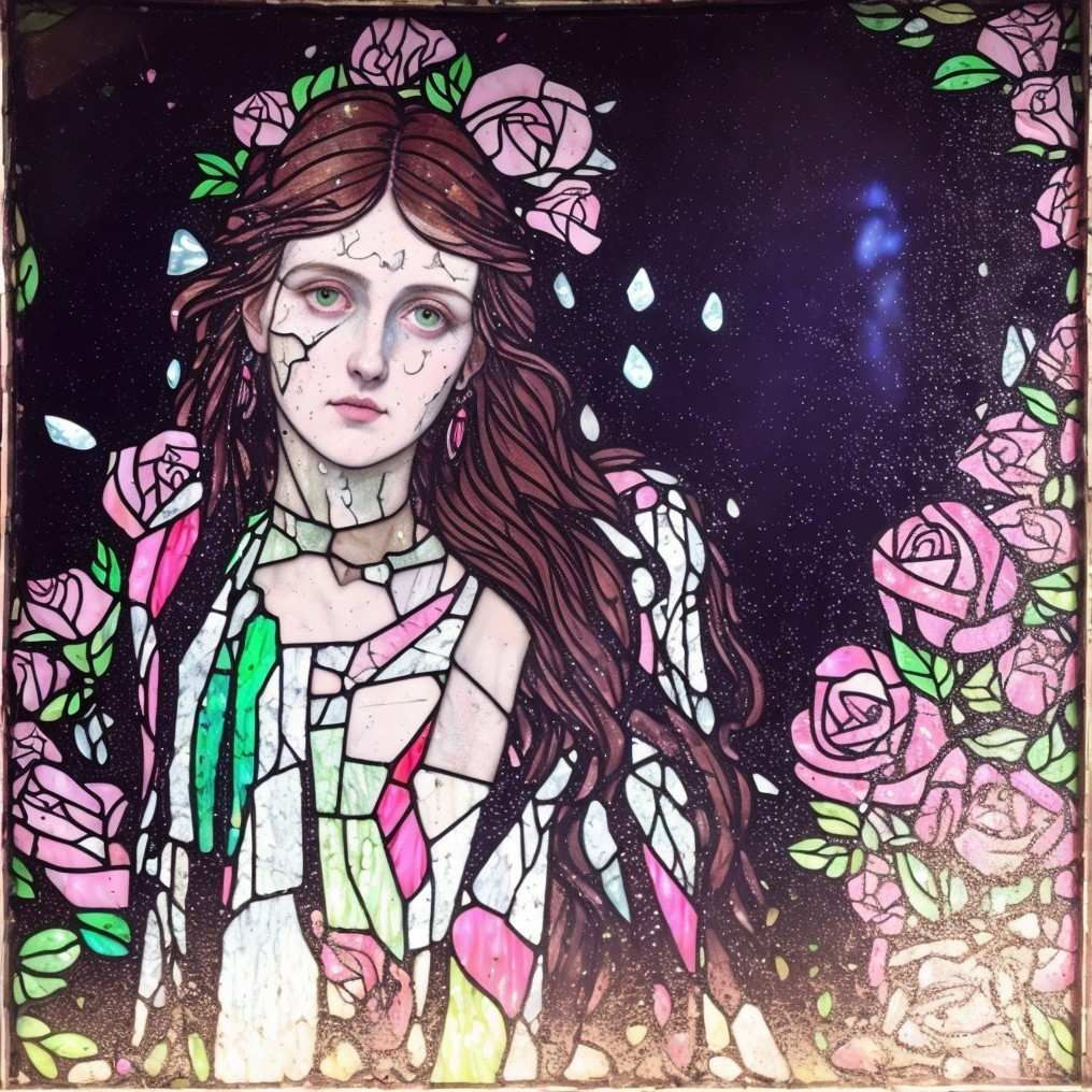 Stained Glass Artwork of a Woman Surrounded by Flowers