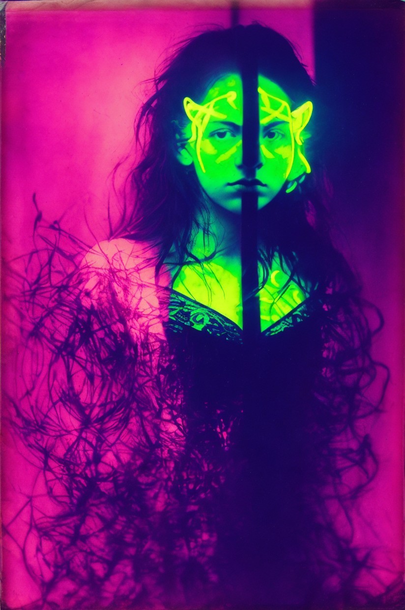 Portrait of a girl with neon green face markings