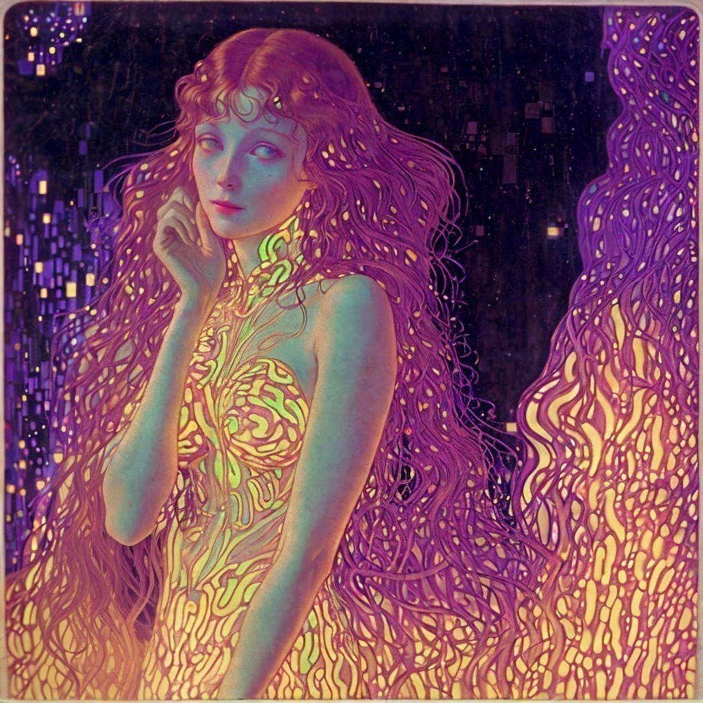 Vibrant stylized woman with flowing hair in purple and yellow against pixelated backdrop