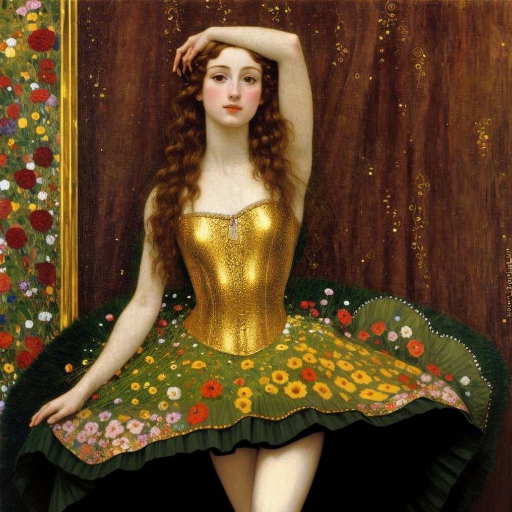 Portrait of a woman in a gold corset and floral skirt