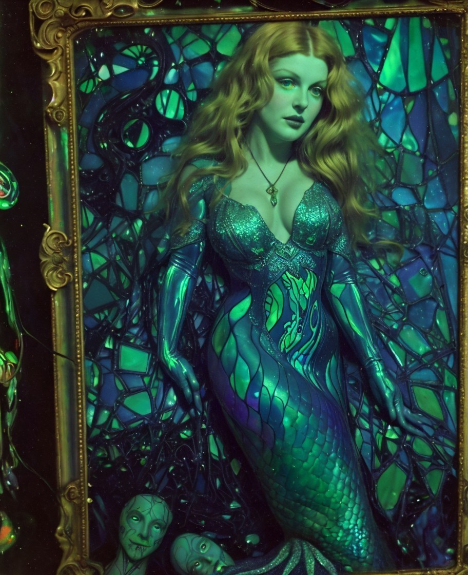 Mermaid with Long Wavy Hair and Green Tail in Golden Frame