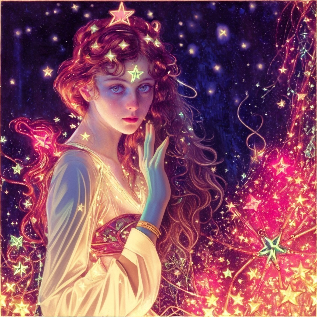 Illustration of Woman with Curly Hair in Cosmic Setting
