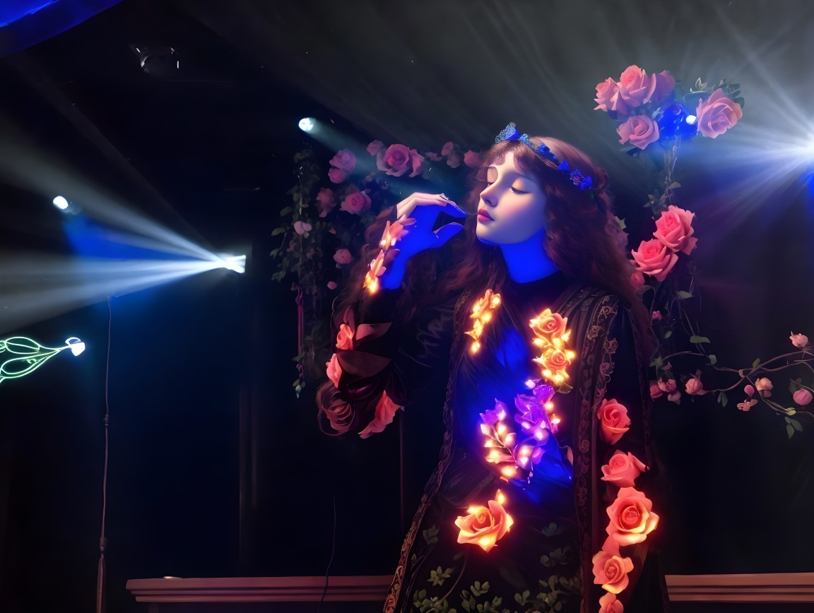 Elegant Woman in Floral Gown in Ethereal Lighting
