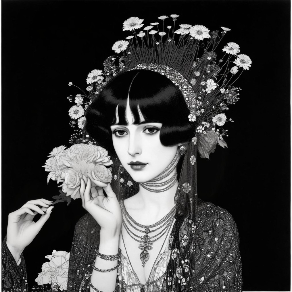 Monochromatic Illustration of Woman with Jewelry and Flower