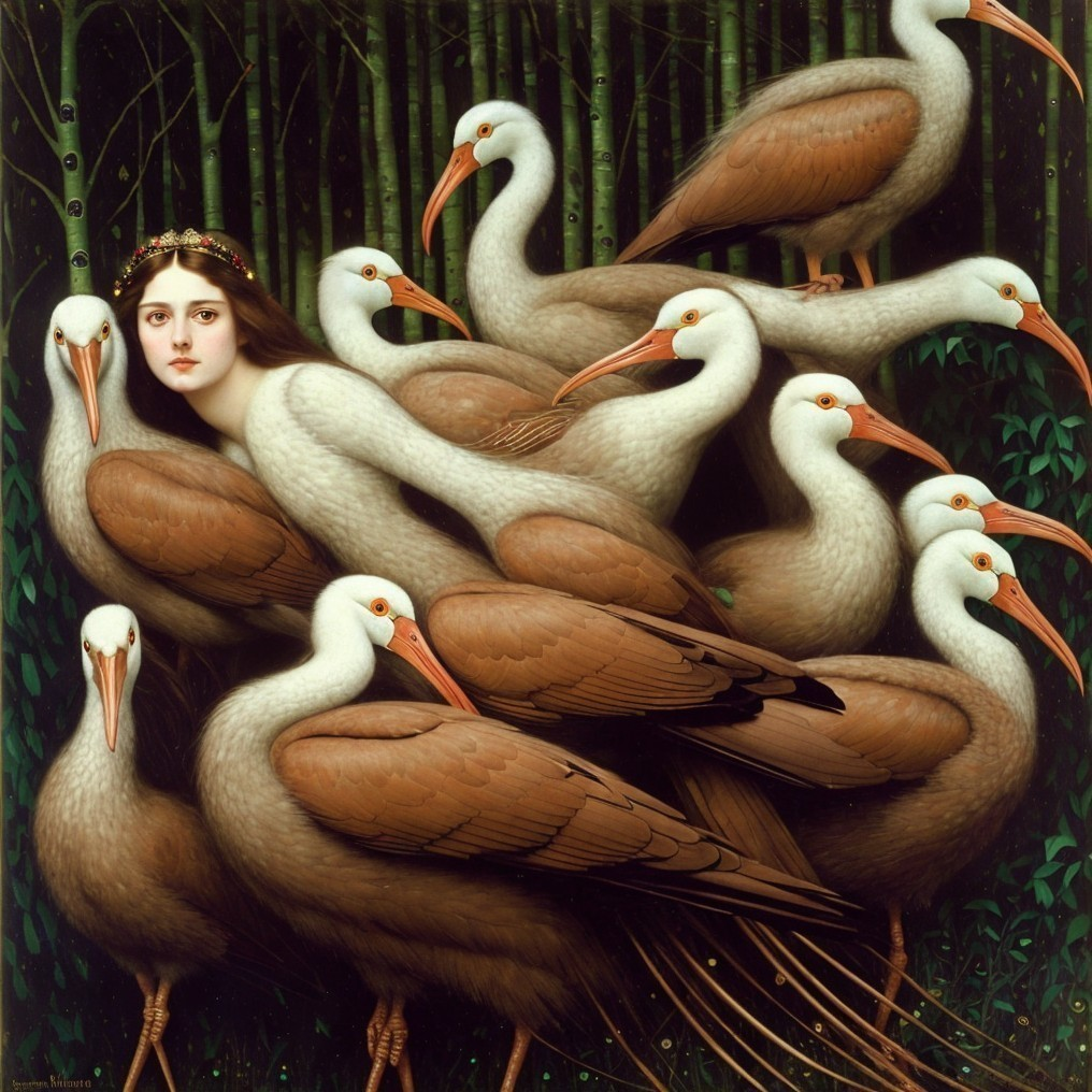 Ethereal Woman Among Storks in Natural Setting