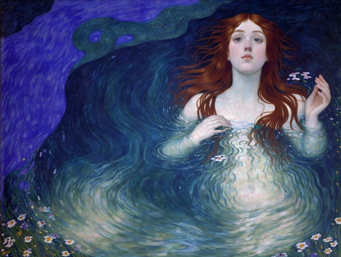 Red-haired woman in blue sea with flowers