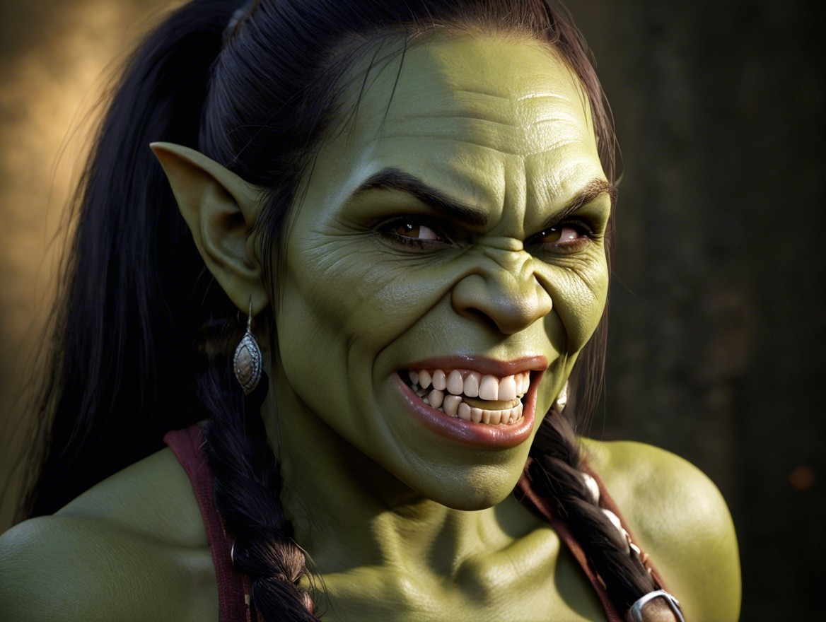 Fierce Green-Skinned Female Orc in Forest Setting