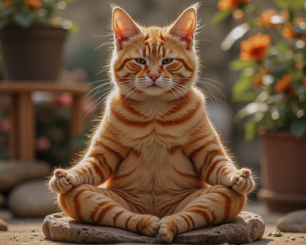 Orange Tabby Cat Meditating in a Flower Garden