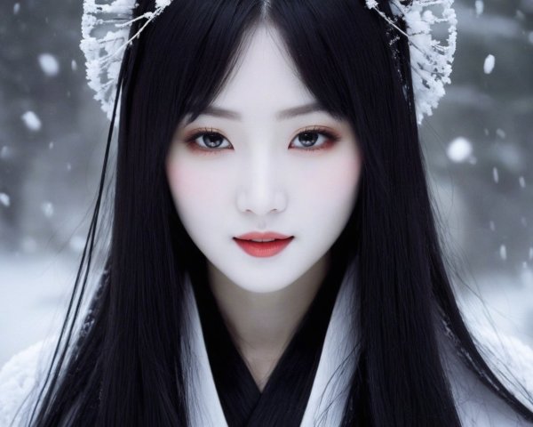 Digital Painting of an East Asian Woman in Snowy Forest