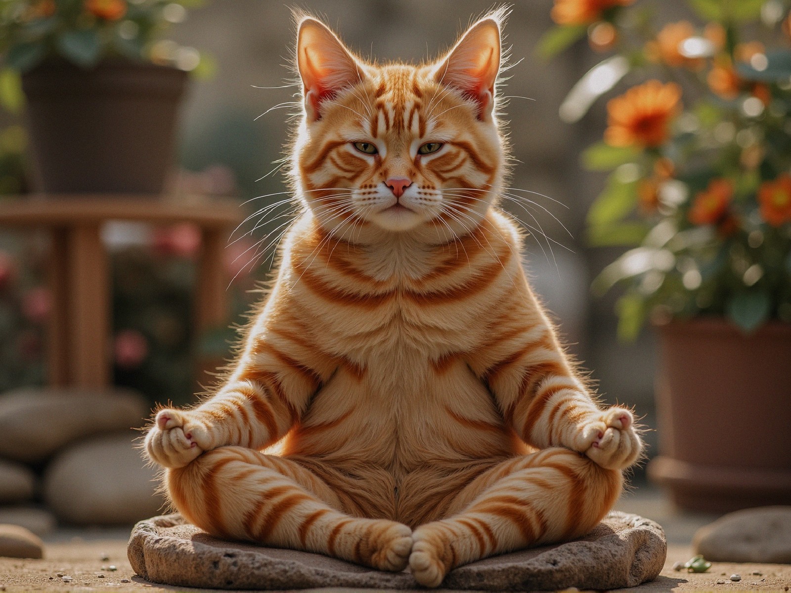 Orange Tabby Cat Meditating in a Flower Garden