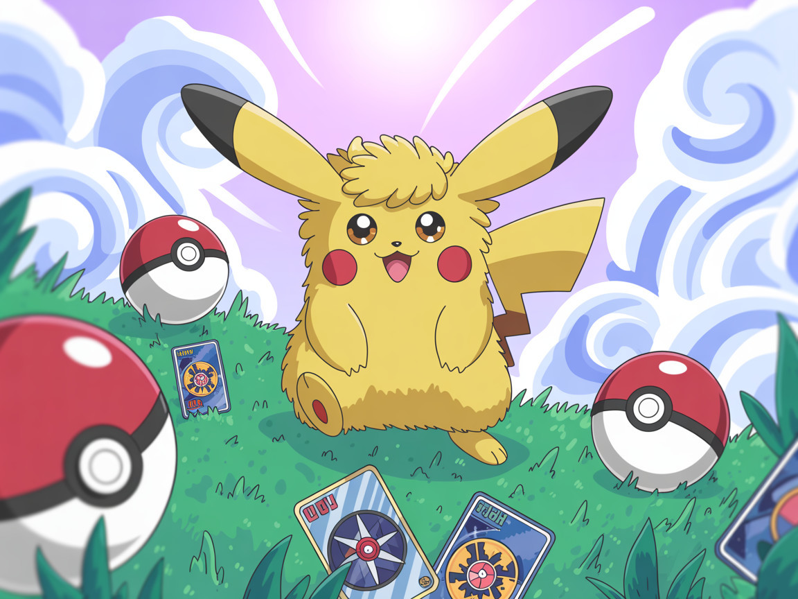 Cheerful Pikachu on Grassy Hill with Poké Balls
