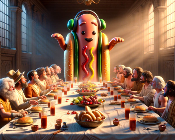 Giant Hotdog Surrounded by Historical Figures at Feast