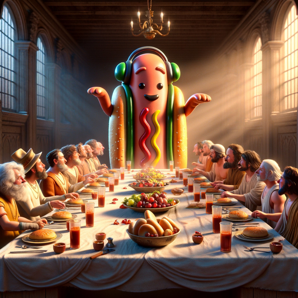 Giant Hotdog Surrounded by Historical Figures at Feast