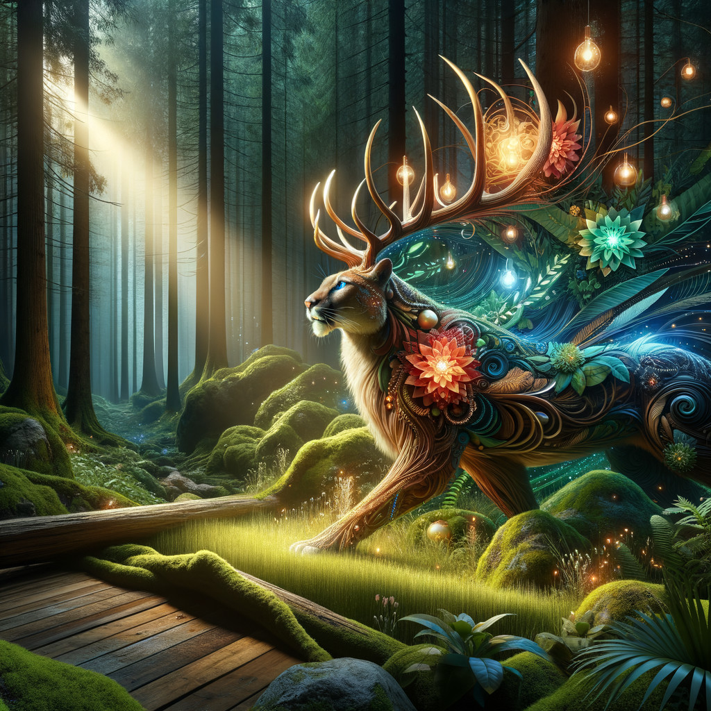 Lynx-Stag Hybrid in a Mystical Forest Setting