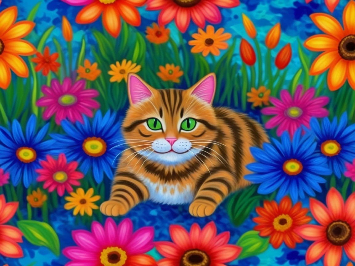 Striped Orange Cat Surrounded by Colorful Flowers