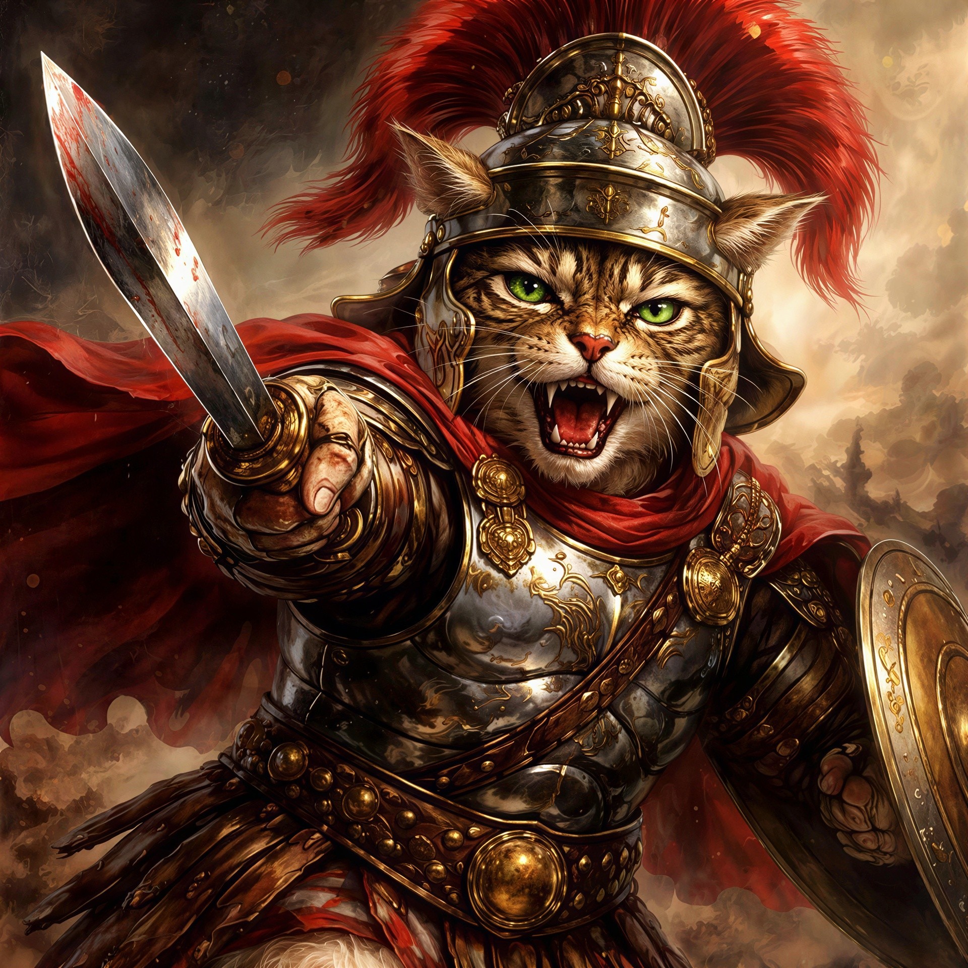 Digital Painting of a Tabby Cat in Roman Armor