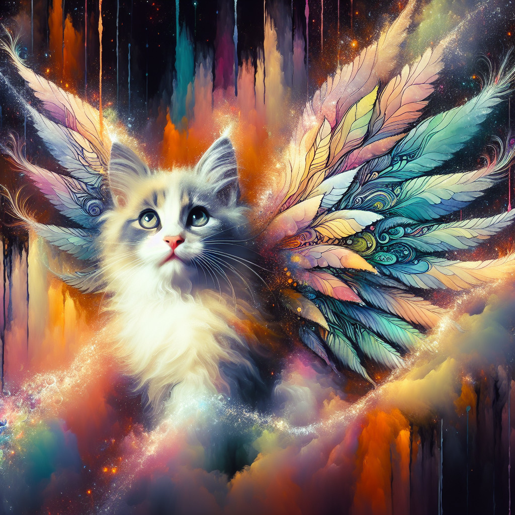 Whimsical Cat with Colorful Wings in Dreamy Background