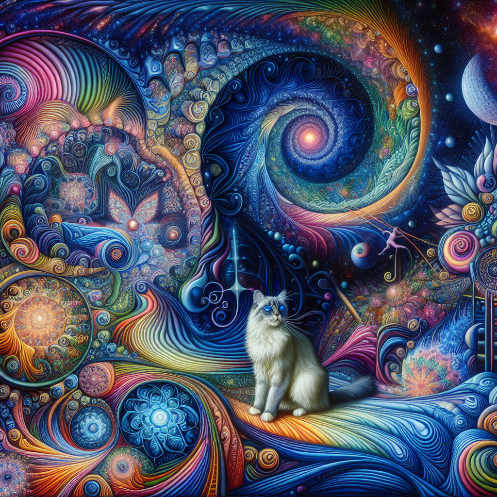 Whimsical Cat in a Colorful Cosmic Landscape