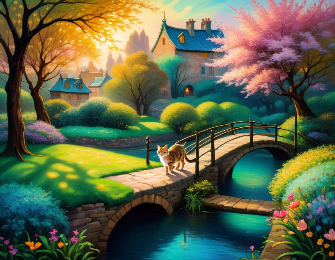 Serene Landscape with Stone Bridge and Lush Greenery