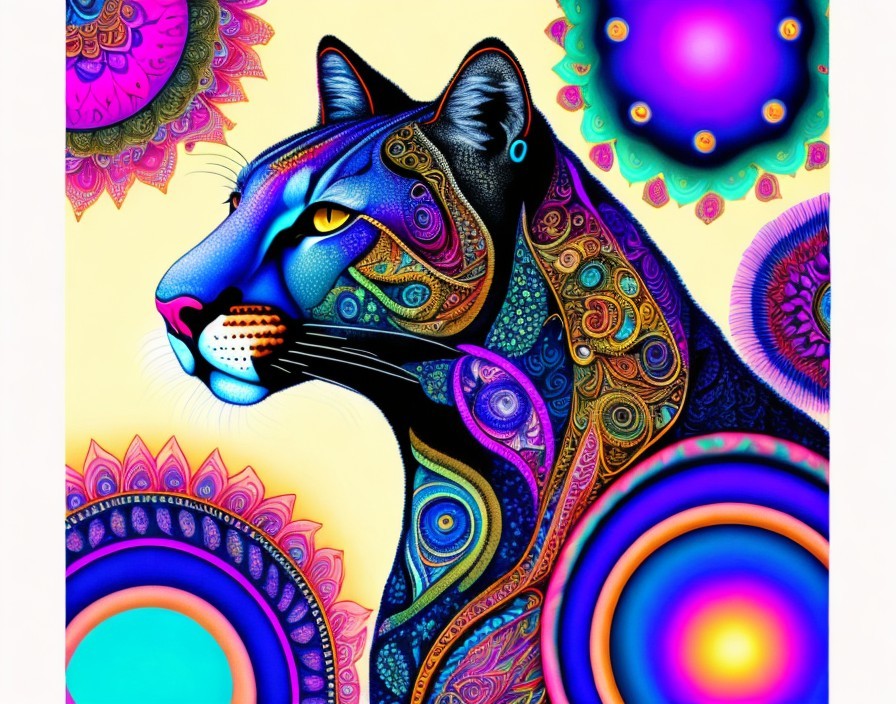 Abstract Panther Art with Colorful Patterns and Swirls