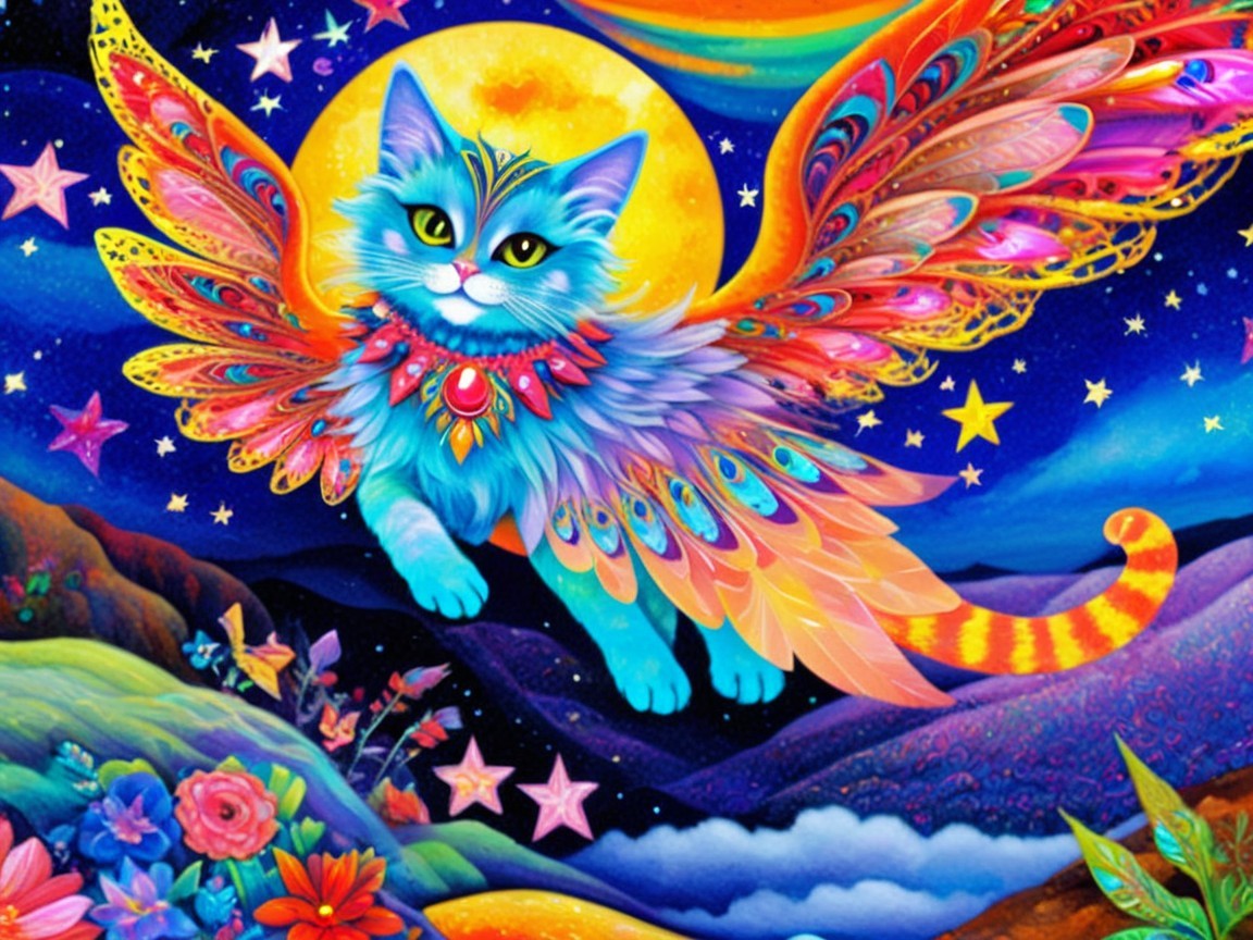 Colorful Flying Cat with Rainbow Wings and Moon
