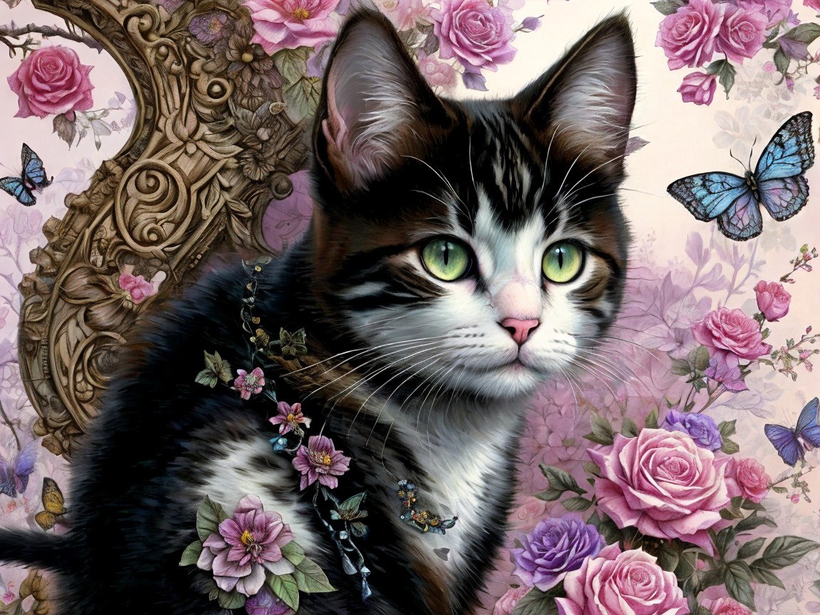 Digital Painting of a Black and White Tabby Cat